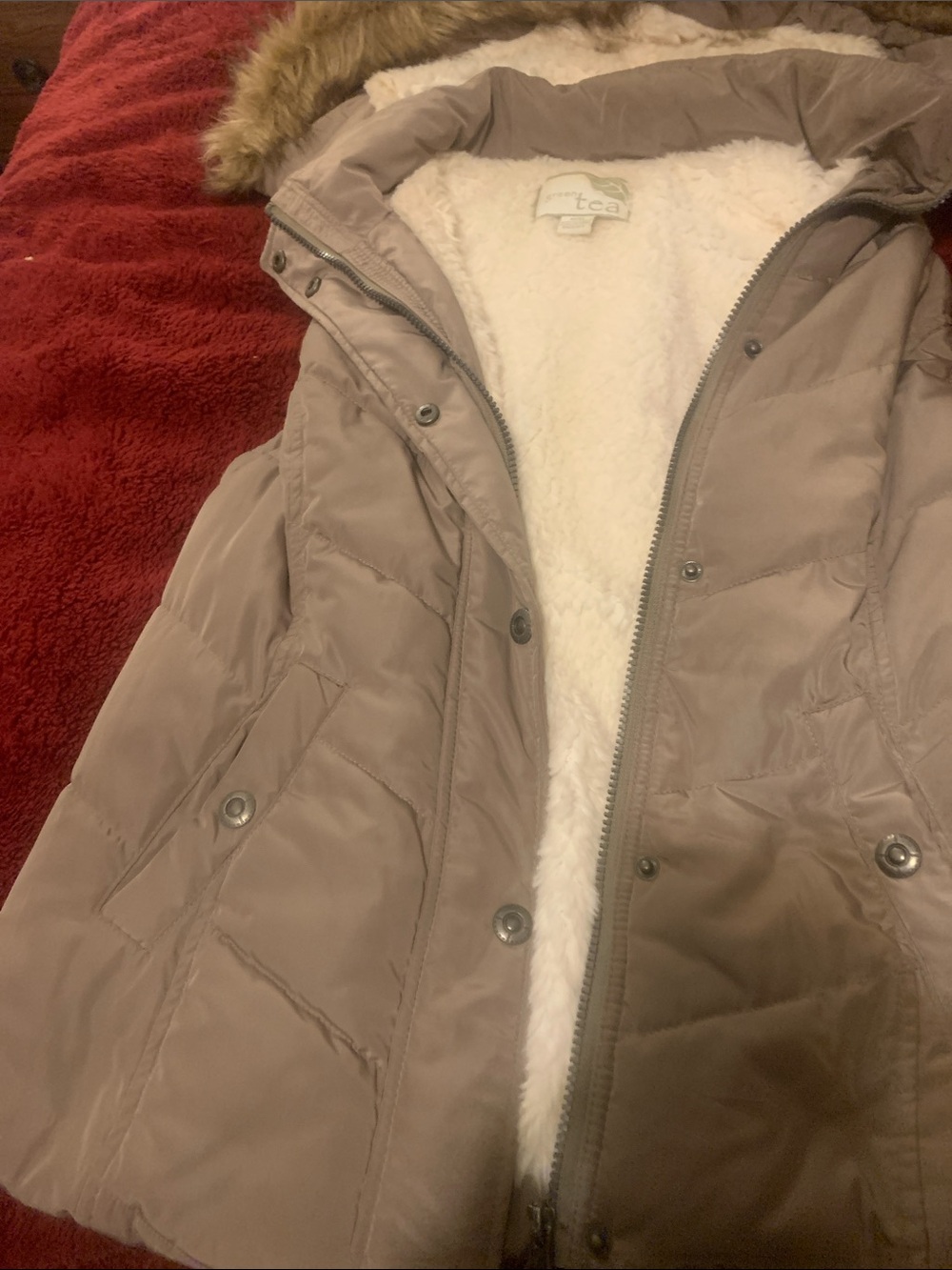 TC Women's Taupe-Gray Puffer Jacket with Faux Fur Trim